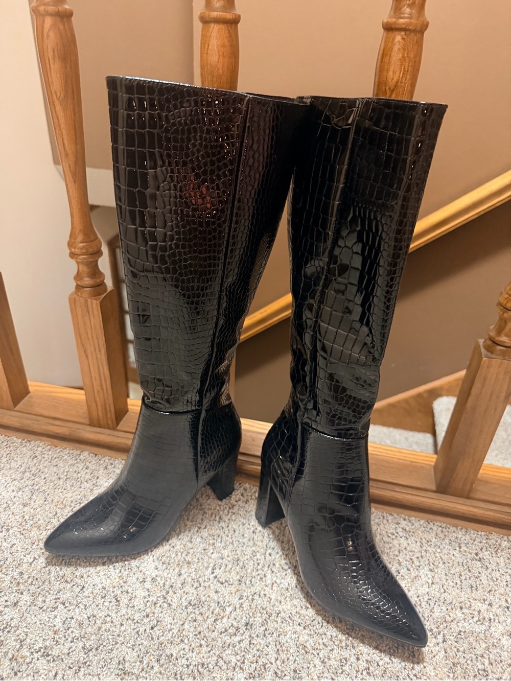 TOP Moda Black Croc-Embossed Pointed Knee Boots